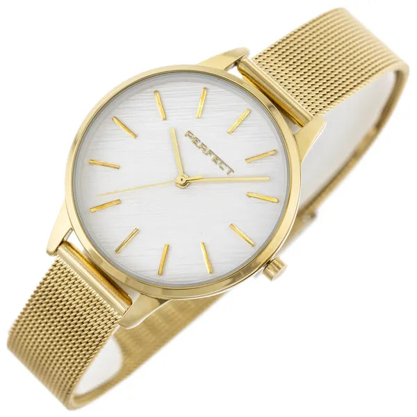 Perfect F374-03 női karóra, arany fémszíj, 34 mm, kvarc, WR30, ezüst számlap