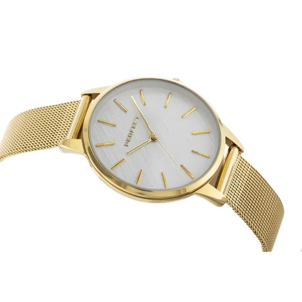 Perfect F374-03 női karóra, arany fémszíj, 34 mm, kvarc, WR30, ezüst számlap