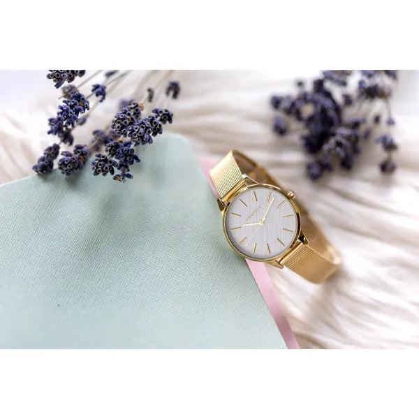 Perfect F374-03 női karóra, arany fémszíj, 34 mm, kvarc, WR30, ezüst számlap