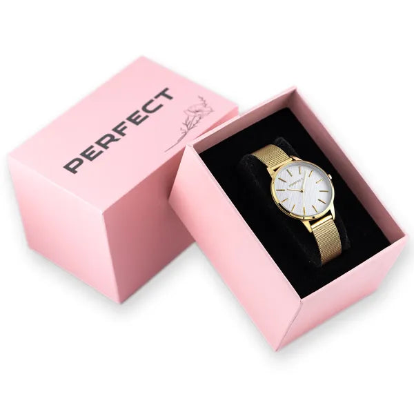 Perfect F374-03 női karóra, arany fémszíj, 34 mm, kvarc, WR30, ezüst számlap