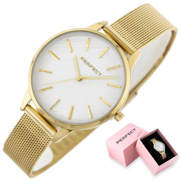Perfect F374-03 női karóra, arany fémszíj, 34 mm, kvarc, WR30, ezüst számlap