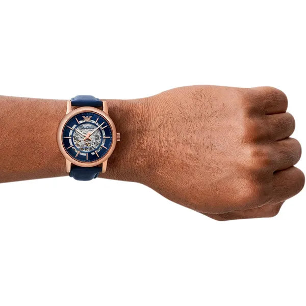 Emporio Armani Luigi AR60050 automata férfi karóra, 43 mm, kék bőr, rózsaarany