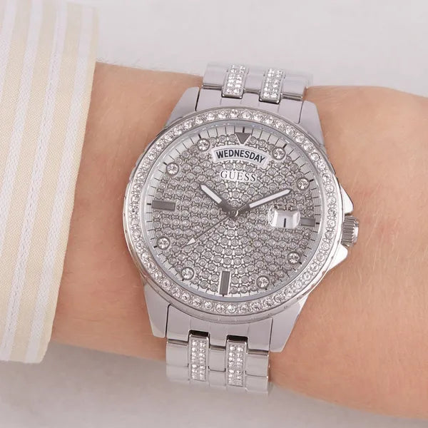 Guess női karóra, ezüst acél, cirkónia, dátum, 38 mm, WR30 (GW0254L1)