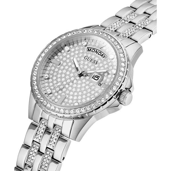 Guess női karóra, ezüst acél, cirkónia, dátum, 38 mm, WR30 (GW0254L1)