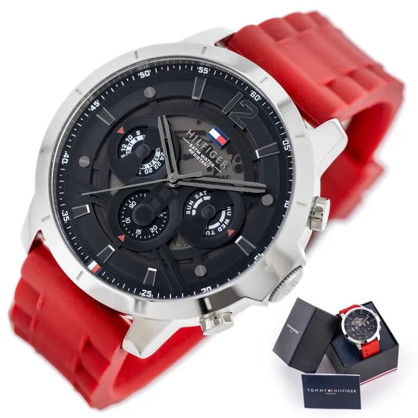 Tommy Hilfiger Luca férfi óra 1710490, piros szilikon szíj, 5 ATM