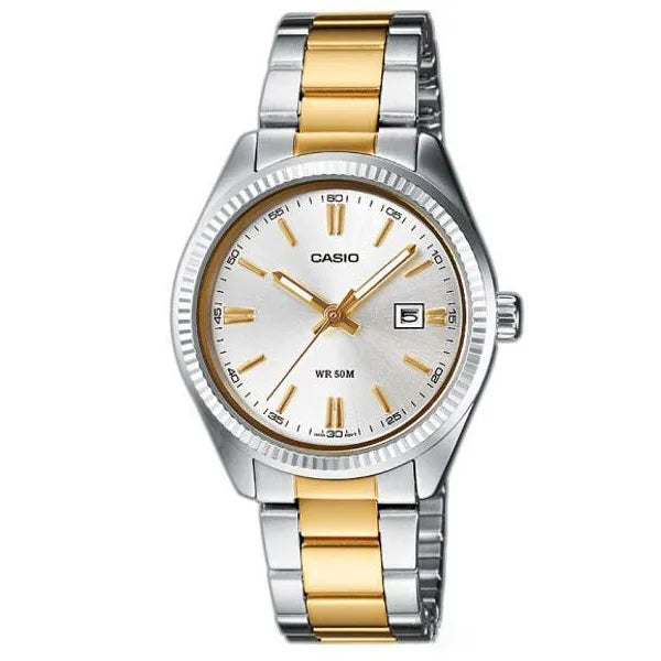 Casio LTP-1302SG-7AV női karóra, ezüst-arany acél, dátum, WR50, 25 mm