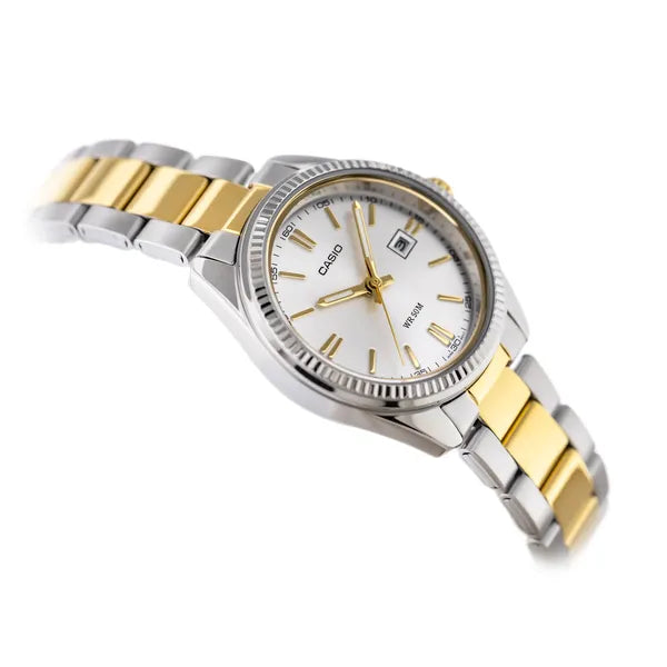 Casio LTP-1302SG-7AV női karóra, ezüst-arany acél, dátum, WR50, 25 mm