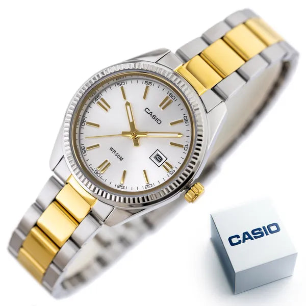 Casio LTP-1302SG-7AV női karóra, ezüst-arany acél, dátum, WR50, 25 mm