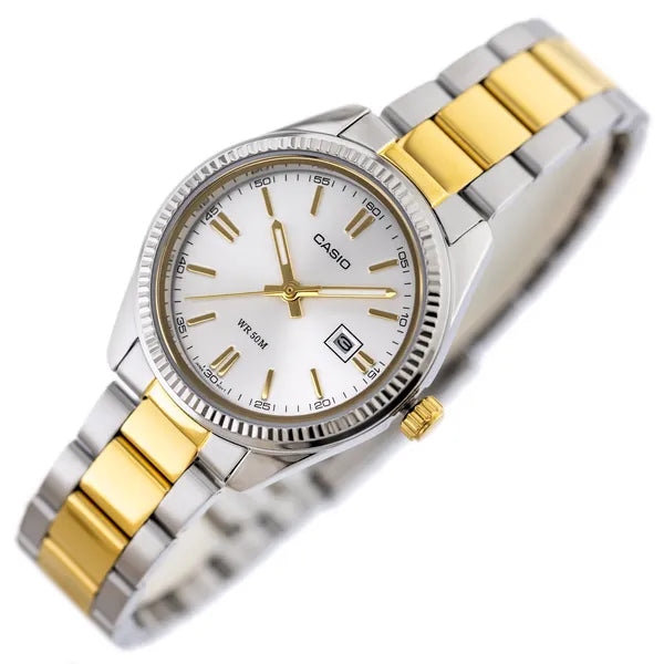 Casio LTP-1302SG-7AV női karóra, ezüst-arany acél, dátum, WR50, 25 mm