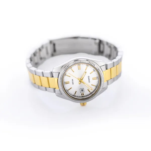 Casio LTP-1302SG-7AV női karóra, ezüst-arany acél, dátum, WR50, 25 mm