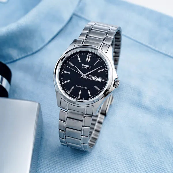 Casio férfi karóra MTP-1239D-1A, fekete számlap, acél szíj, WR30