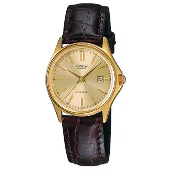 Casio LTP-1183Q-9A női karóra, arany tok 38 mm, barna bőrszíj, dátum