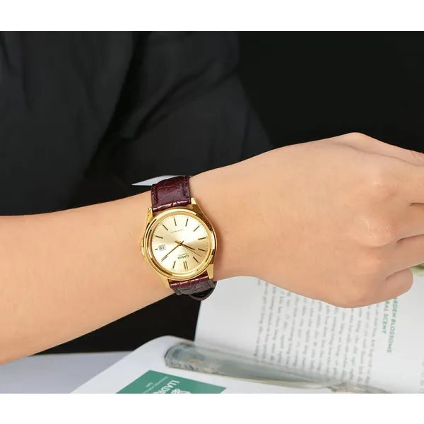 Casio LTP-1183Q-9A női karóra, arany tok 38 mm, barna bőrszíj, dátum