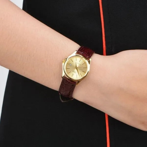 Casio LTP-1183Q-9A női karóra, arany tok 38 mm, barna bőrszíj, dátum