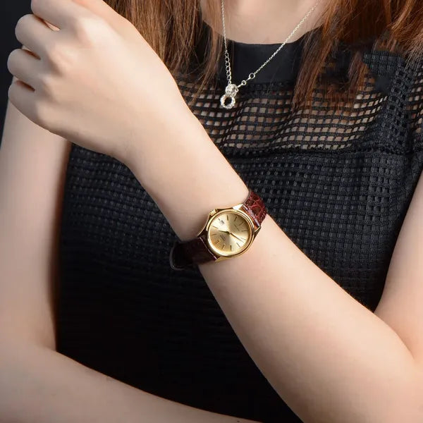 Casio LTP-1183Q-9A női karóra, arany tok 38 mm, barna bőrszíj, dátum