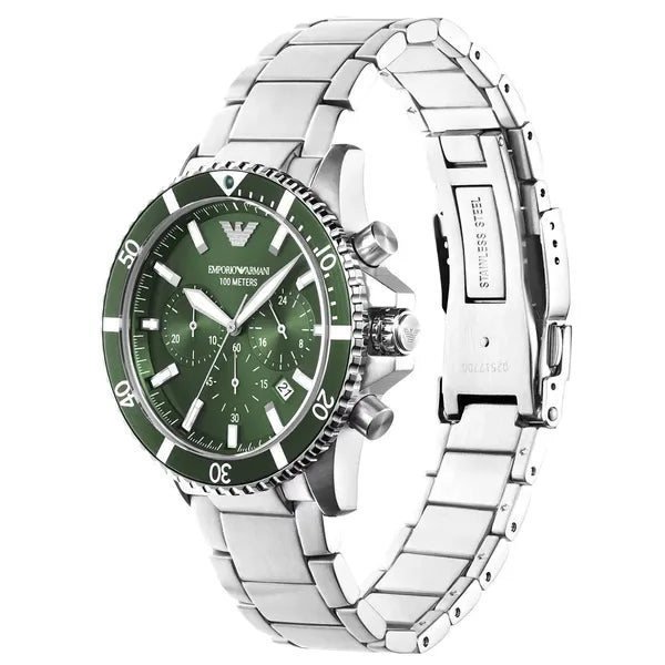 Emporio Armani AR11500 férfi búváróra, 43 mm, acél, zöld, kronográf, 10 ATM