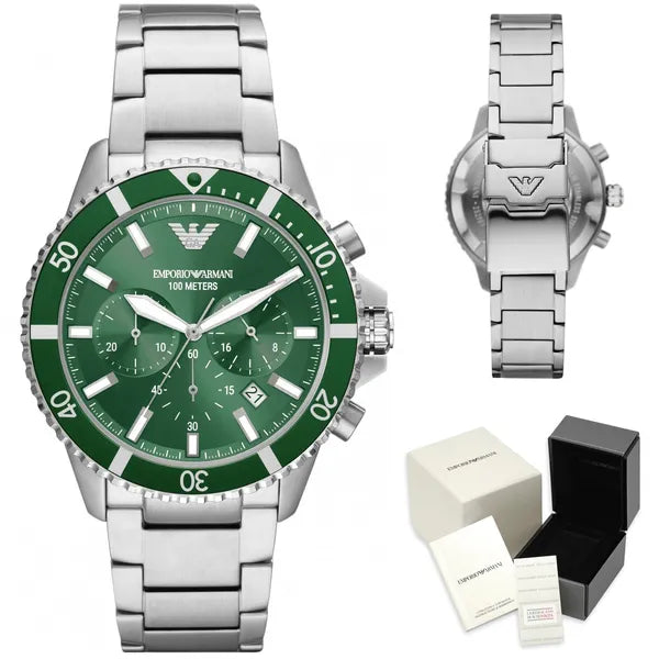 Emporio Armani AR11500 férfi búváróra, 43 mm, acél, zöld, kronográf, 10 ATM
