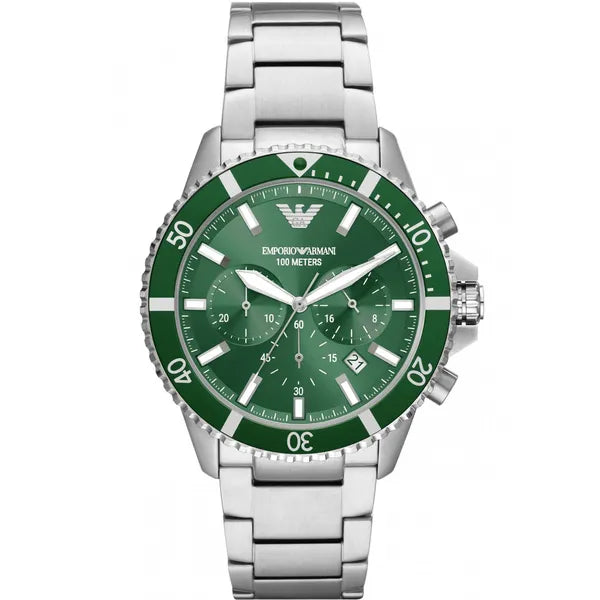 Emporio Armani AR11500 férfi búváróra, 43 mm, acél, zöld, kronográf, 10 ATM