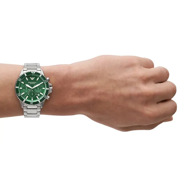 Emporio Armani AR11500 férfi búváróra, 43 mm, acél, zöld, kronográf, 10 ATM