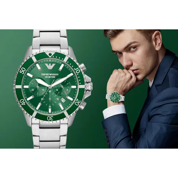 Emporio Armani AR11500 férfi búváróra, 43 mm, acél, zöld, kronográf, 10 ATM