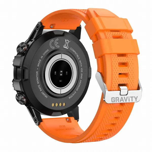 GRAVITY GT9-4 férfi okosóra 1.39'', BT hívás, IP67, narancs szíj, grafit tok