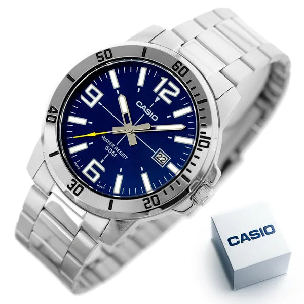 Casio MTP-VD01D-2B férfi karóra, nemesacél, kék számlap, 45 mm, 50 m, dátum