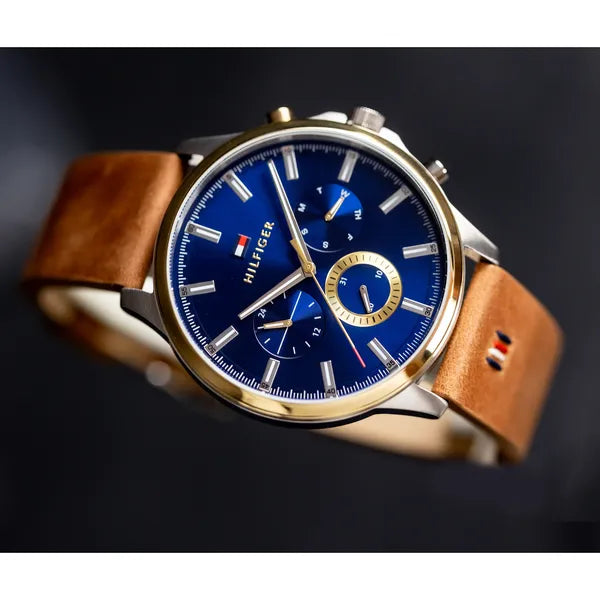 Tommy Hilfiger Ryder 1710496 férfi karóra, 44 mm, kék számlap, barna bőrszíj
