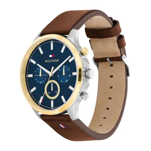 Tommy Hilfiger Ryder 1710496 férfi karóra, 44 mm, kék számlap, barna bőrszíj