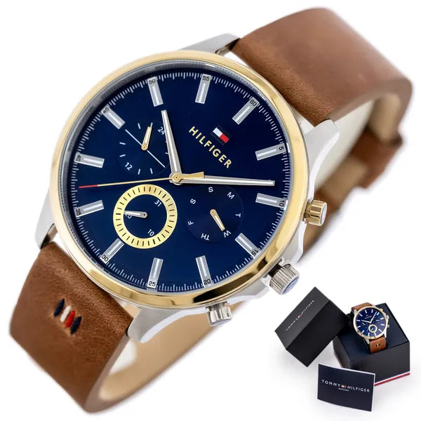 Tommy Hilfiger Ryder 1710496 férfi karóra, 44 mm, kék számlap, barna bőrszíj