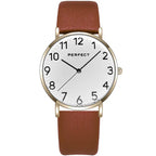 Perfect női karóra arany tok ezüst számlap barna bőrszíj kvarc 36mm WR30