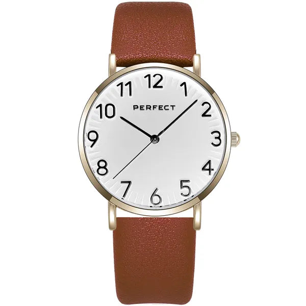Perfect női karóra arany tok ezüst számlap barna bőrszíj kvarc 36mm WR30