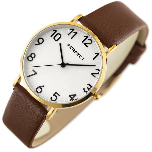 Perfect női karóra arany tok ezüst számlap barna bőrszíj kvarc 36mm WR30