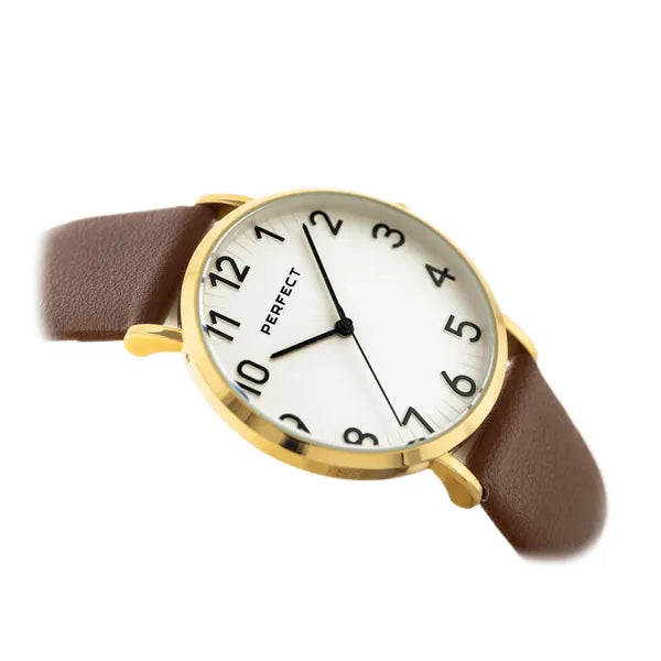 Perfect női karóra arany tok ezüst számlap barna bőrszíj kvarc 36mm WR30