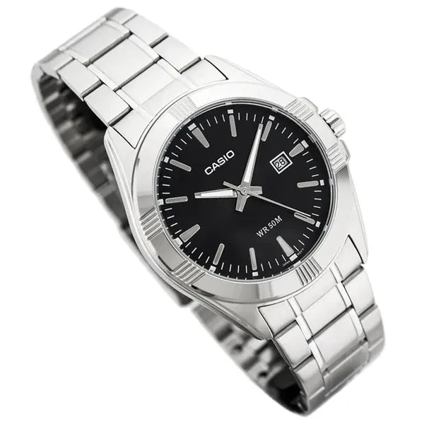 Casio MTP-1308D-1AV férfi karóra, fekete számlap, acél szíj, WR50, dátum, 39 mm
