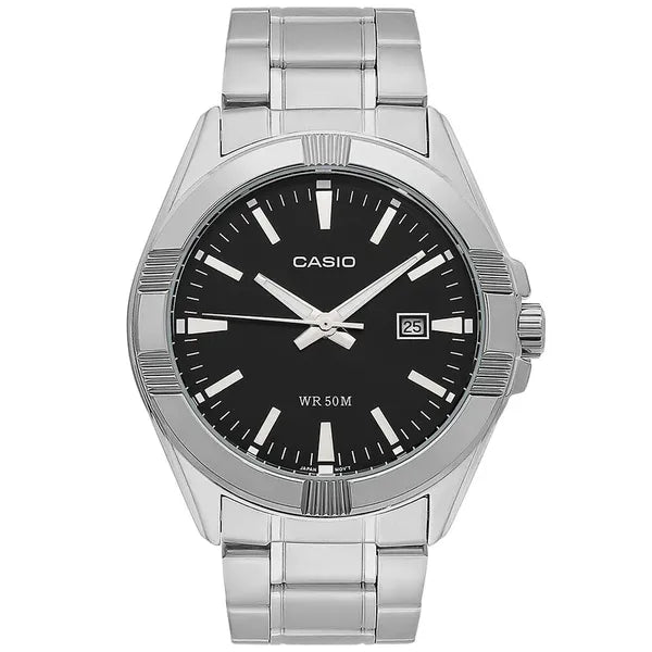 Casio MTP-1308D-1AV férfi karóra, fekete számlap, acél szíj, WR50, dátum, 39 mm