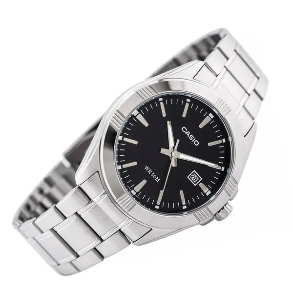 Casio MTP-1308D-1AV férfi karóra, fekete számlap, acél szíj, WR50, dátum, 39 mm