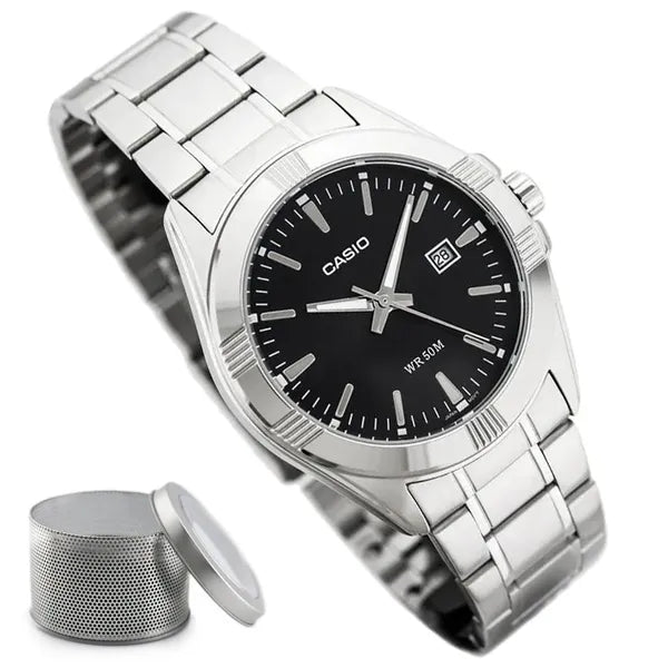 Casio MTP-1308D-1AV férfi karóra, fekete számlap, acél szíj, WR50, dátum, 39 mm