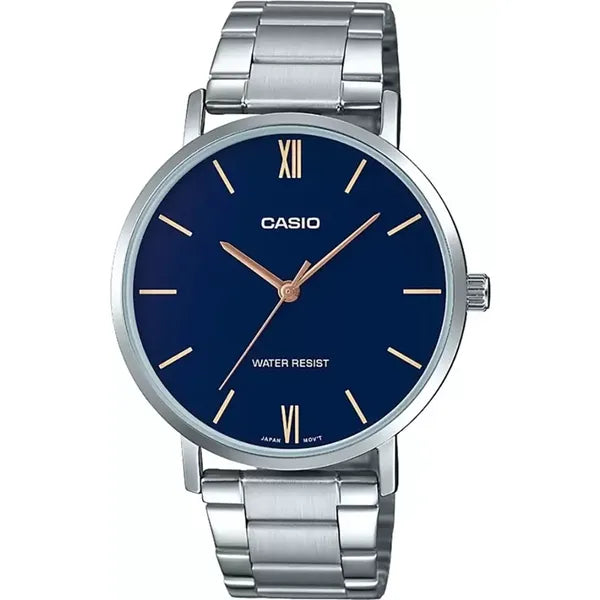 Casio LTP-VT01D-2B női karóra, ezüst acél szíj, kék számlap, WR30