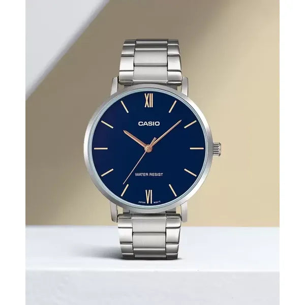 Casio LTP-VT01D-2B női karóra, ezüst acél szíj, kék számlap, WR30