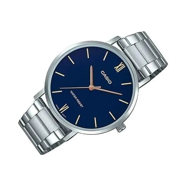 Casio LTP-VT01D-2B női karóra, ezüst acél szíj, kék számlap, WR30
