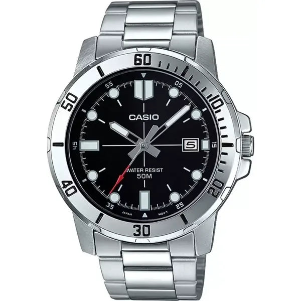 Casio MTP-VD01D-1EV férfi karóra, 44 mm, acél, fekete számlap, WR50, kvarc