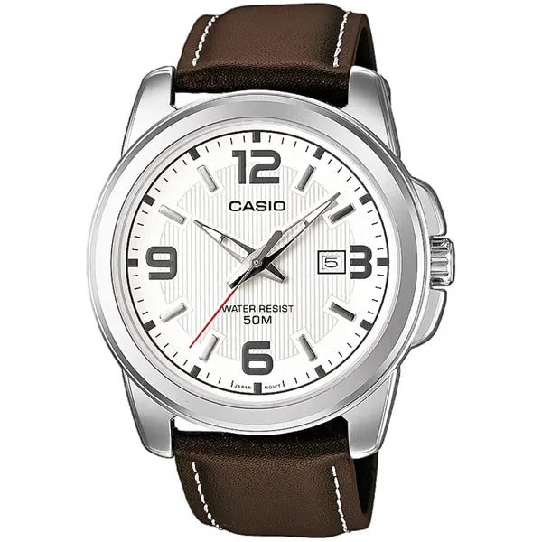 Casio MTP-1314L-7AVEF férfi karóra, fehér számlap, barna bőrszíj, WR50