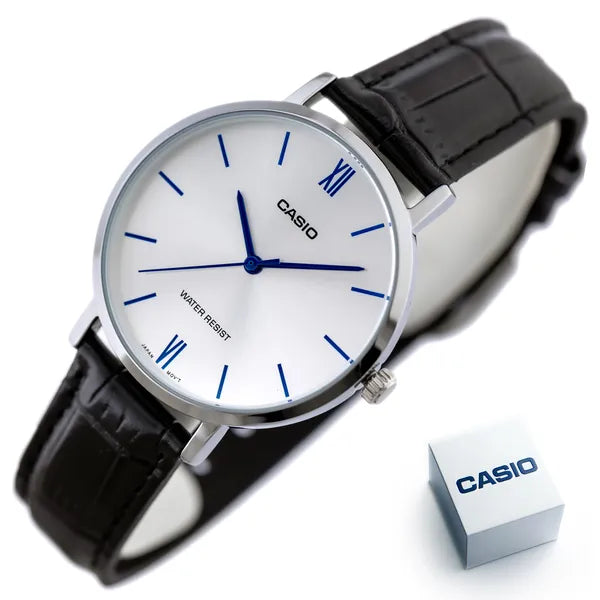 Casio női óra LTP-VT01L-7B1, ezüst számlap, fekete bőr szíj, WR30