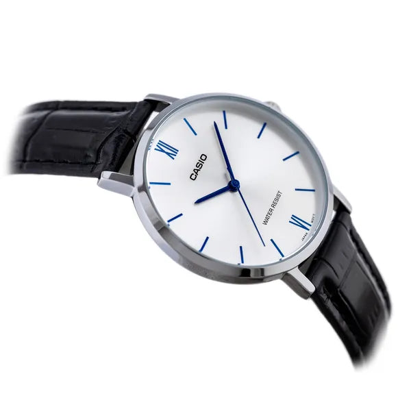 Casio női óra LTP-VT01L-7B1, ezüst számlap, fekete bőr szíj, WR30
