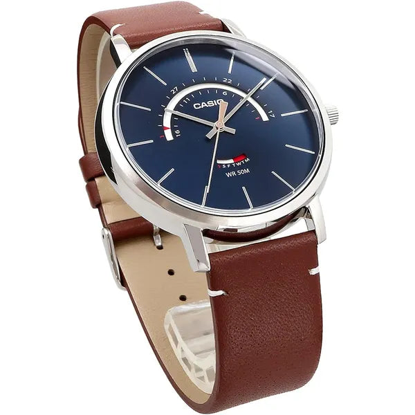 Casio MTP-B105L-2AV férfi karóra, bőr szíj, 50M, kék számlap, ezüst tok