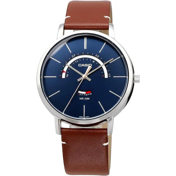 Casio MTP-B105L-2AV férfi karóra, bőr szíj, 50M, kék számlap, ezüst tok