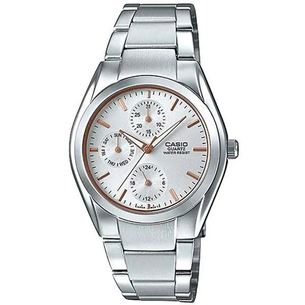 Casio MTP-1405D-7A férfi karóra, acél, ezüst, dátum, WR30, díszdoboz