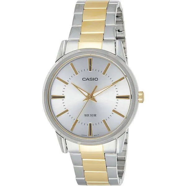 Casio férfi karóra MTP-1303SG-7A, 38 mm, acél, ezüst/arany, WR50, díszdoboz