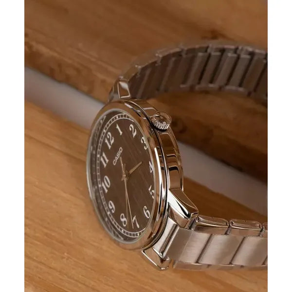 Casio férfi karóra, MTP-E145D-5B1, barna számlap, kvarc, acél szíj, WR30