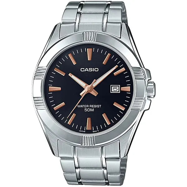 Casio MTP-1308D-1A2 férfi karóra, rozsdamentes acél szíj, fekete számlap, WR50